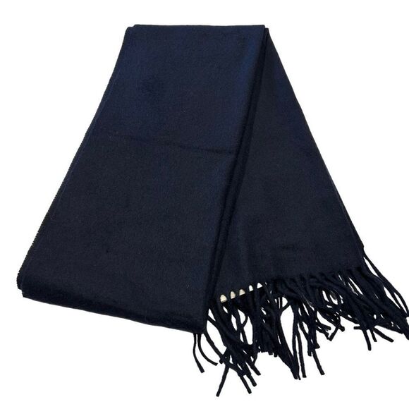 Moschino Vintage Lambswool Navy Fringe Scarf with Teddy Bear Emblem - Picture 2 of 10